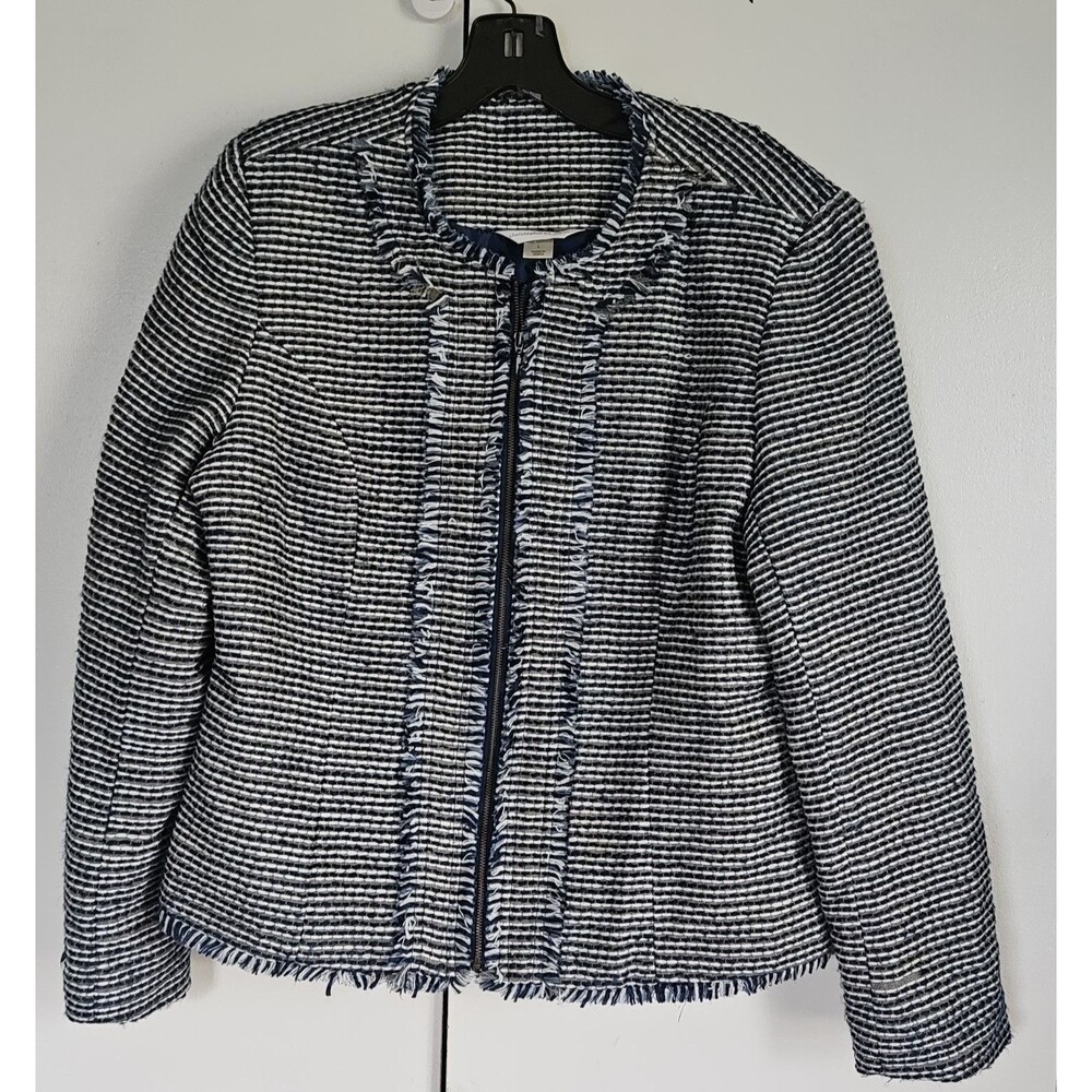 Christopher & Banks Tweed Jacket Womens Large Blue Fringe Textured Zip Blazer